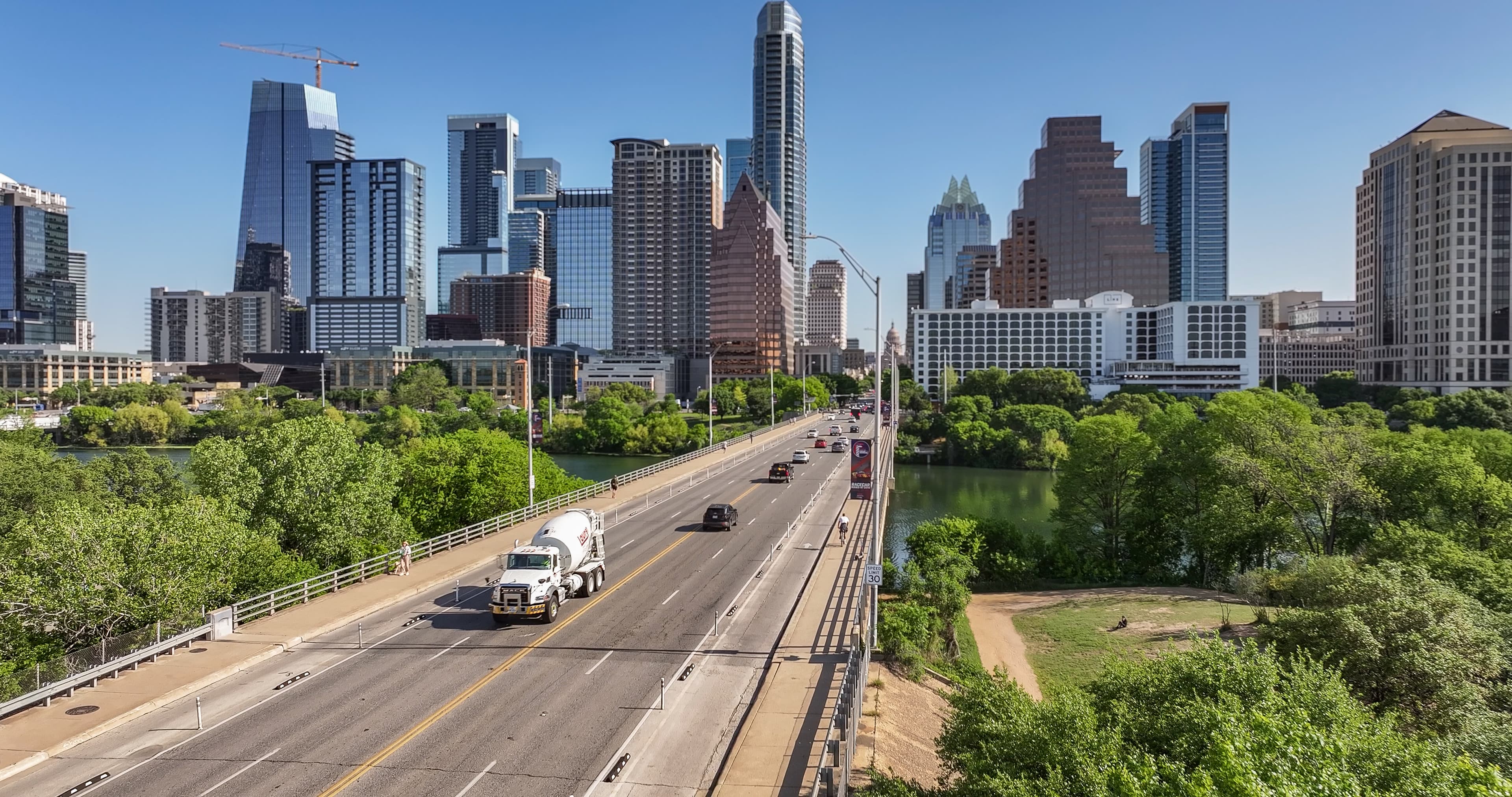 Lauren Concrete truck going south on Congress in downtown Austin