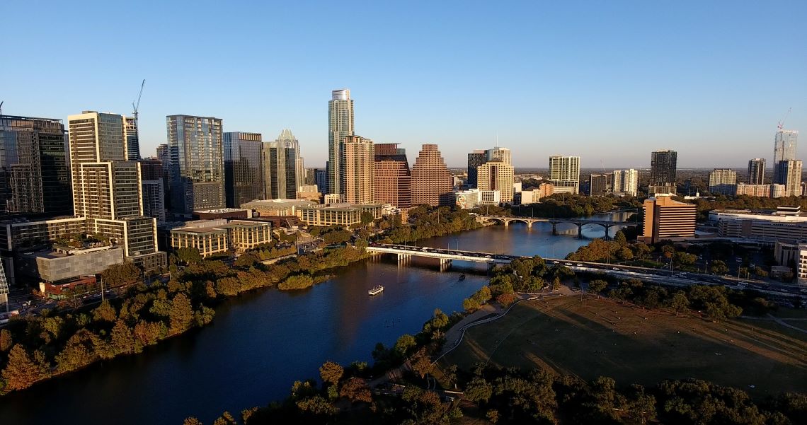 Downtown Austin Texas skyline, taken by drone.